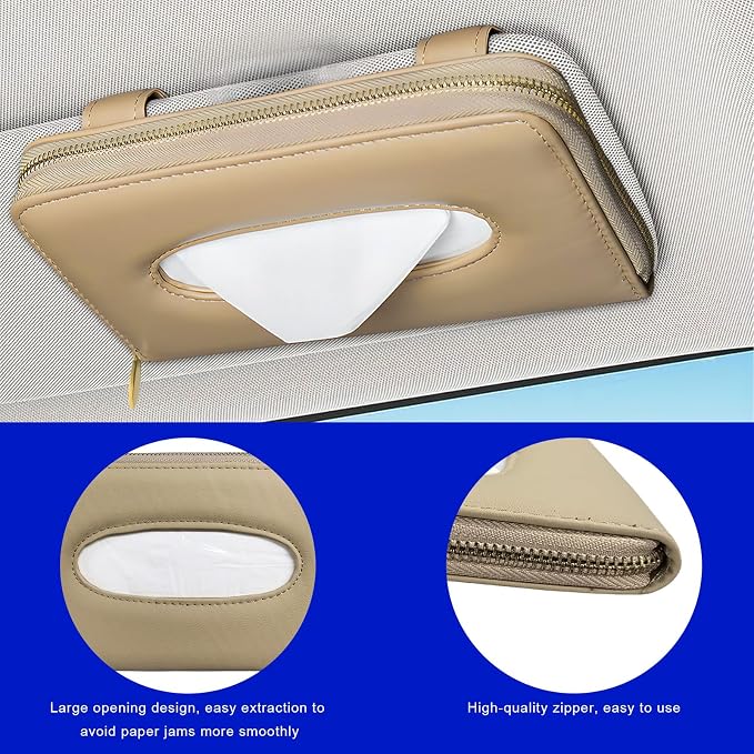 Car Tissue Holder, PU Leather Auto Sun Visor Tissue Case Napkin Holder with Zipper, Rectangular Mask Dispenser Hanging Paper Towel Organizer for Cars SUVs Trucks RVs (Beige)
