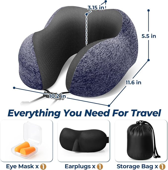 ExploreBliss Travel Pillow, Travel Pillows for Sleeping Airplane, Neck Pillow Airplane, Memory Foam Neck Pillow Set with Eye Mask, Earplugs and Storage Bag -Mottled Blue