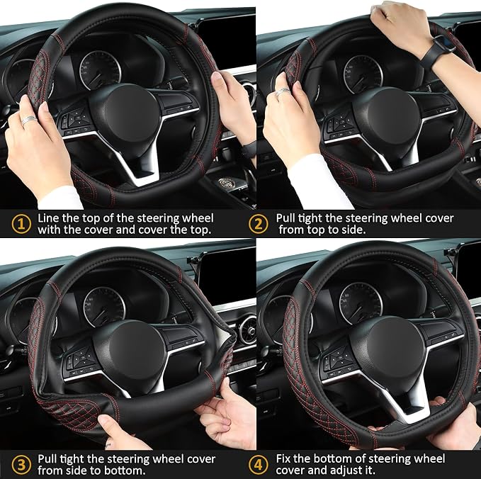 West Llama Flat Bottom Car Steering Wheel Cover for Nissan,D Shaped Steering Wheel Cover for Rogue,Altima,Kicks (Diamond Quilted-Black+Red-Standard Size)