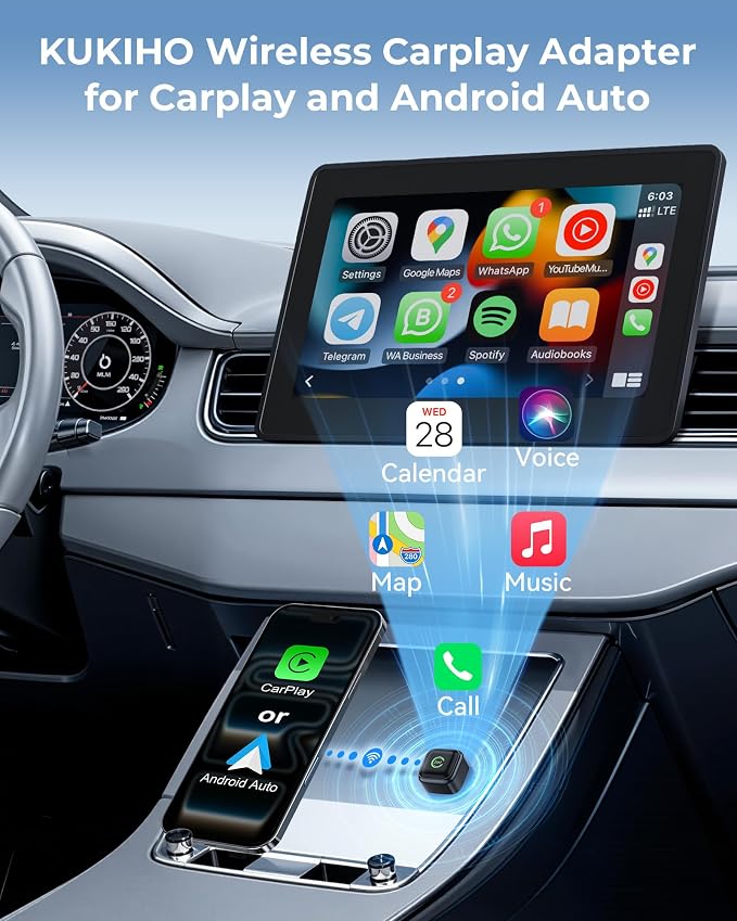 KUKIHO 2-in-1 Wireless CarPlay & Android Auto Adapter – Instant Auto-Connect, Low Latency, USB-C & USB-A Compatible for Factory Wired CarPlay Vehicles