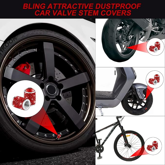 Alpmosn Car Wheel Tire Valve Caps, 4 PCS Bling Tire Valve Caps, Crystal Tire Caps Shinny Rhinestone for Women, Universal Car Dustproof Tire Valve Caps for Cars, Trucks, SUV and Motorcycles (Red)