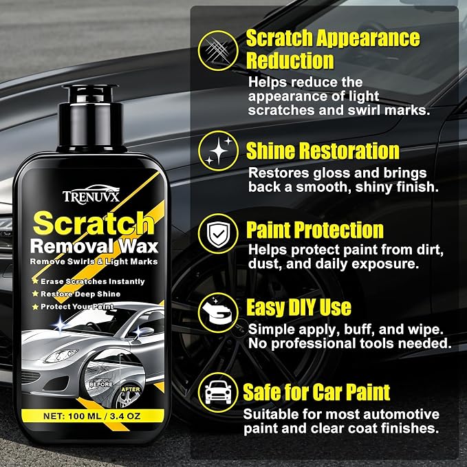 Car Scratch Remover, Scratch Remover for Vehicles, Scratch Removal Wax, Car Paint Scratch Repair, Helps Reduce Minor Scratches and Swirl Marks, Restores Gloss and Shine, 3.4 fl oz/100ml
