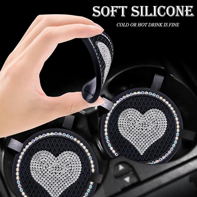 2PCS Sparkling Car Cup Holder Coaster – 2.75 Inch Silicone Insert – Non-Slip, Shockproof – Universal Auto Interior Accessories for Women Girls (Black & White)