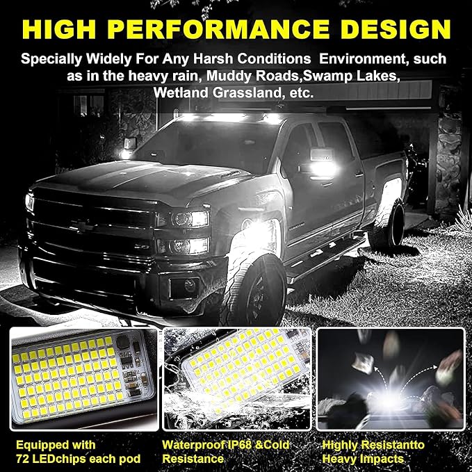 Nicoko 8 Pods 6000K pure White Rock lights Aluminum 9-30V Underglow Lights IP68 Waterproof Neon Trail Rig Lamp Lighting for SUV Car Truck Motorcycle Boat ATV UTV
