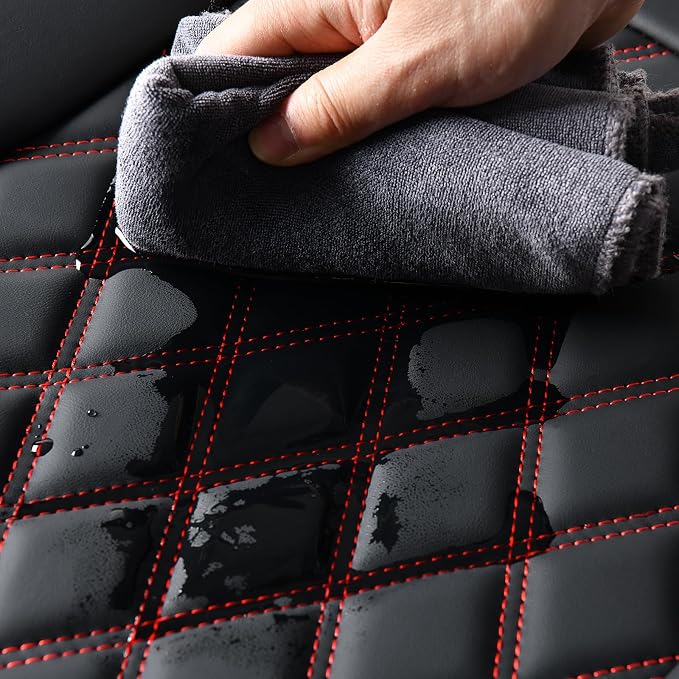 Huidasource Rear Seat Cover, Nappa Leather Back Seat Cover Velcro Adjustable, Compatible with Armrests, Seat Belts, Child Safety Seats, Fit for Most Cars SUVs Trucks (Back Row/Black&Red)