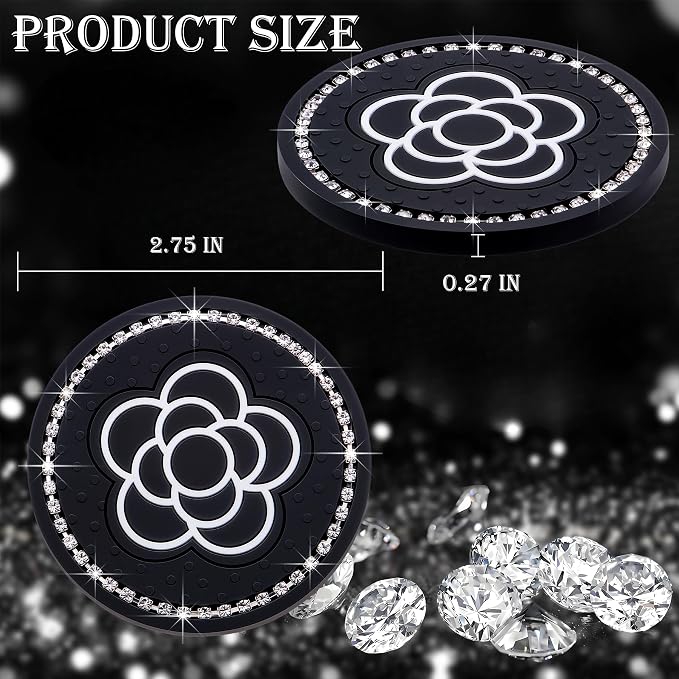 Bling Cup Coaster for Car – 2-Pack 2.75 Inch Silicone Holder Insert, Universal Fit, Anti-Slip & Durable, Decorative Car Accessories (Black Flower)