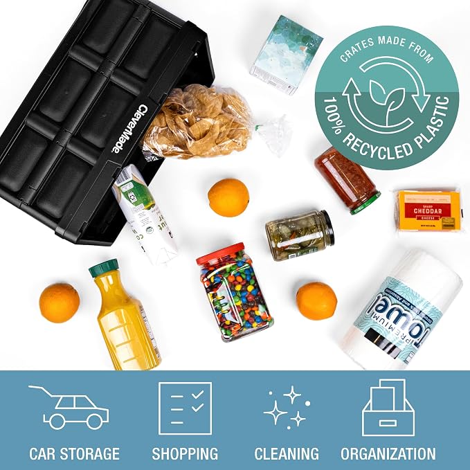 CleverMade Collapsible Storage Bins, 32L 3 Pack, Durable Plastic, Ocean | Built-in handles simplify garage, car and household organization, while the roomy open-top keeps bulky supplies accessible