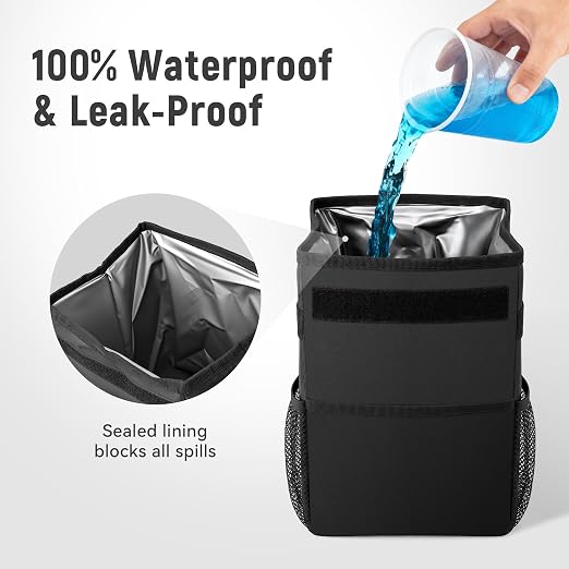 Car Trash Can with Lid - 1.7 Gallon Waterproof Leak-Proof Car Garbage Bin, Oxford Fabric Collapsible Organizer with Storage Pockets, Adjustable Strap for Headrest for SUV Truck Sedan, Black