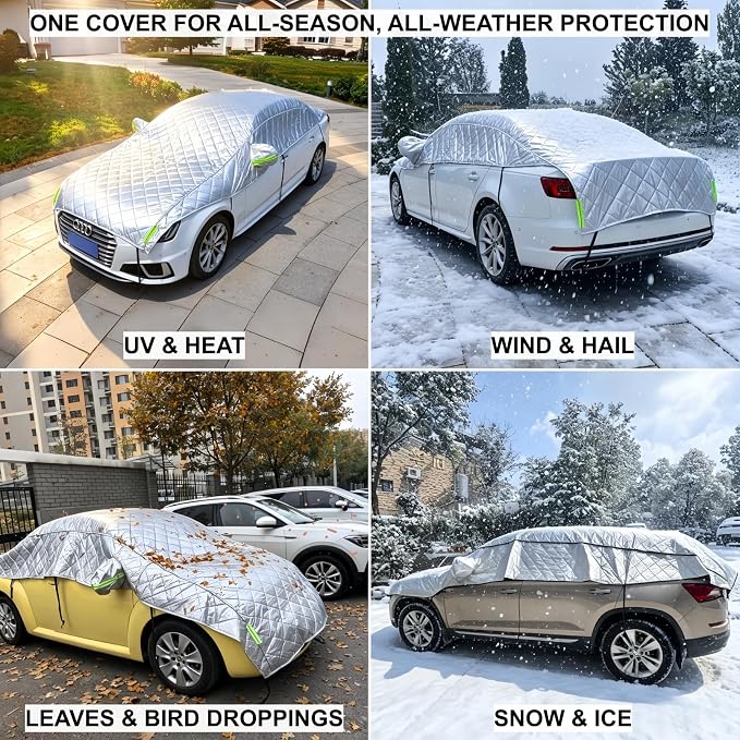 Padded Half Car Cover Hail Protector Universal Hatchback Sedan SUV | Heavy Duty Vechile Shield with Cotton Padding All-Season Protection Against UV, Heat, Hail, Snow, Ice & Dust Outdoor Parking
