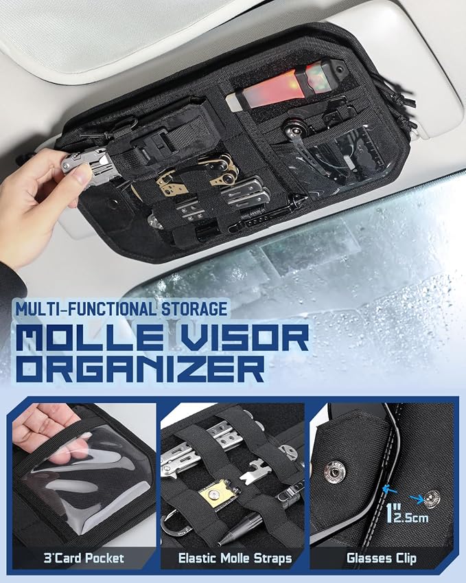 Molle Car Sun Visor Organizer, Fit Most Car Truck Patrols Van SUV | Auto Accessories Semi-Rigid MOLLE Panel, with Zipper Storage Pouch, Glasses Holder, for Gears Road Trip Daily Driving
