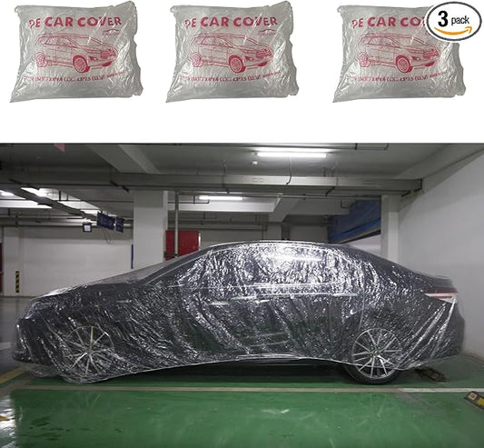3-Pack Disposable Plastic Car Covers - Universal Waterproof, Dustproof & Transparent Protective Cover for Sedan, SUV with Elastic Band (12.5ft x 21.7ft)