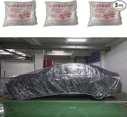 3 pcs Plastic Car Cover,Universal Disposable Car Covers,Waterproof Clear Car Cover for SUV, Sedan with Elastic Band for Outdoor Snow/Rain Weather Protection(15.7ft x 24.6ft)
