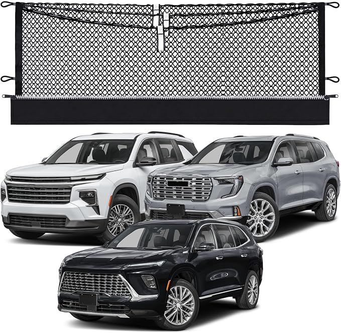 3-Layer Cargo Net for GMC Acadia, Buick Enclave,Chevrolet Traverse | 2024-2026,Zipper Bag Trunk Net for SUV, Heavy Duty Oxford Storage Net for Groceries with Reinforced Carabiners