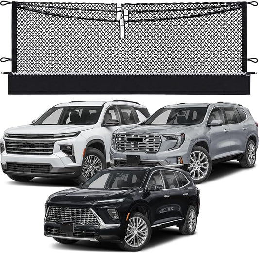 3-Layer Cargo Net for GMC Acadia, Buick Enclave,Chevrolet Traverse | 2024-2026,Zipper Bag Trunk Net for SUV, Heavy Duty Oxford Storage Net for Groceries with Reinforced Carabiners