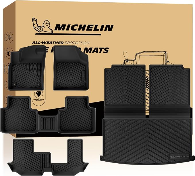 Michelin Vehicle Mats for 2018-2026 Volkswagen VW Atlas 7 Seats Bench Seat | Not fit Atlas Cross Sport/6 Seats, Custom Fit, Non-Slip, All-Weather TPE Floor Mats&Cargo Liner/Backrest Mat 5 PCS, Premier