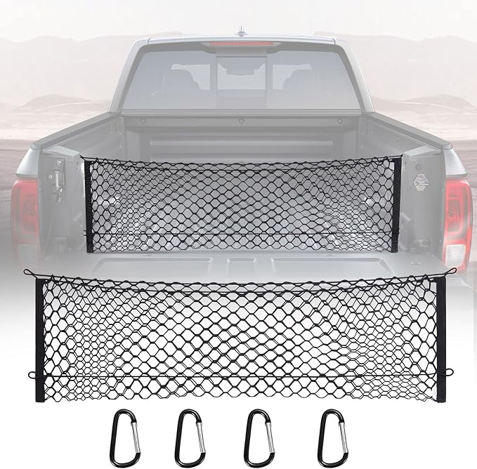MICTUNING Truck Bed Cargo Net, 49"x15.2" Stretch to 60" Elastic Pickup Cargo Net with 4 Metal Carabiners, Compatible with 2013-2022 Chevy Silverado & 2015-2024 Ford F150 F250 Truck