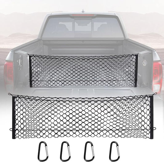 MICTUNING Truck Bed Cargo Net, 49"x15.2" Stretch to 60" Elastic Pickup Cargo Net with 4 Metal Carabiners, Compatible with 2013-2022 Chevy Silverado & 2015-2024 Ford F150 F250 Truck