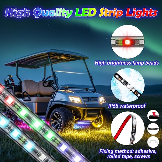 Universal Golf Cart Underbody Light Kit 4PCS, 12V-80V Underglow LED Strip with Bluetooth APP Control,Multicolor RGB,Music Sync Modes,IP68 Waterproof for EZGO Club Car Yamaha(Included Voltage Reducer)