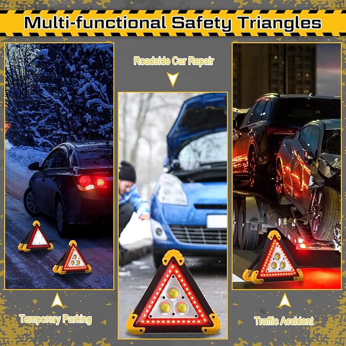 Huquary LED Emergency Warning Triangle, Rechargeable Portable Flashing LED Warning Triangle Light with 4 Modes, Safety Hazard Light for Car Truck RV Vehicle Roadside, Batteries Not Included(3 Pack)