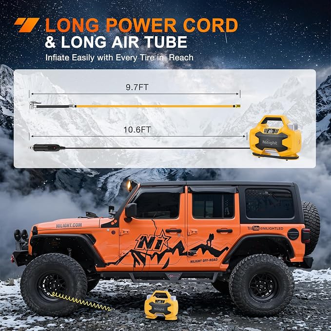 Nilight Portable DC 12V Heavy Duty Tire Inflator Dual Cylinders and Dual Motors Tire Pump 150PSI Air Pumps Auto Shutoff with Screen and LED Light Air Compressor for Pickup Truck ORVs SUVs Cars