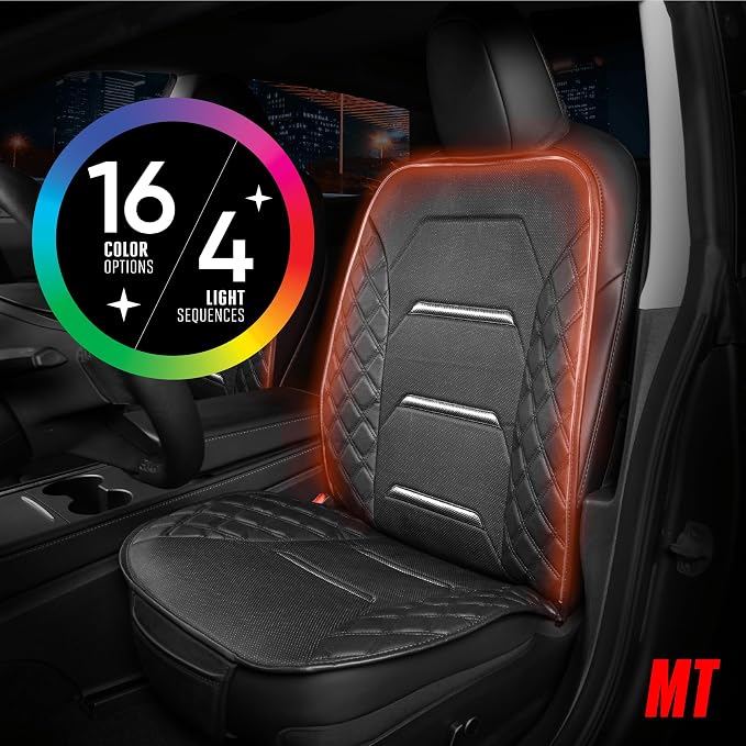 Motor Trend RGB LED Car Seat Protector with Remote — Color-Changing Front Seat Cover, 4 Modes (Music Sync, Pulse, Fade, Static), Universal Fit, Faux Leather Trim, Waterproof & Easy Install