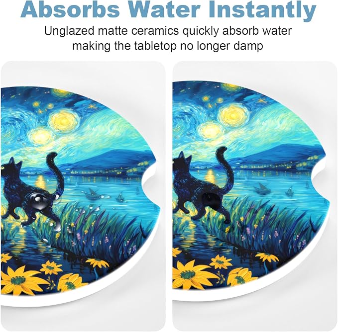 2 Pack Car Cup Holder Coaster, 2.63 inch Anti Slip Insert Absorbent Ceramic Car Coaster with Cork Base and Finger Notch, Cute Car Accessories Interior for Women, Cute Car Coasters.
