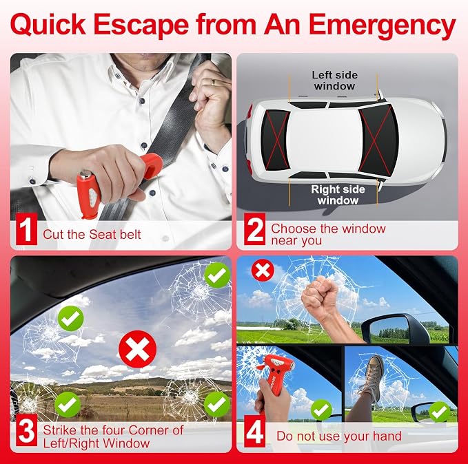 Window Breaker, 3-in-1 Emergency Escape Tool with Car Safety Hammer and Seat Belt Cutter, Safety Emergency Car Escape Tool, Road Trip Essential Gift for Family (Red)