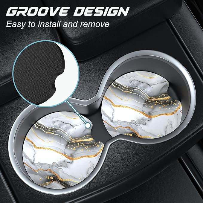 Aiawoxc Car Cup Holder Coasters, 2 Pack Universal Auto Anti Slip Insert Coaster with A Finger Notch, Cute Car Assecories for Women Men, Cup Mat for Most Interior, Gray Marble