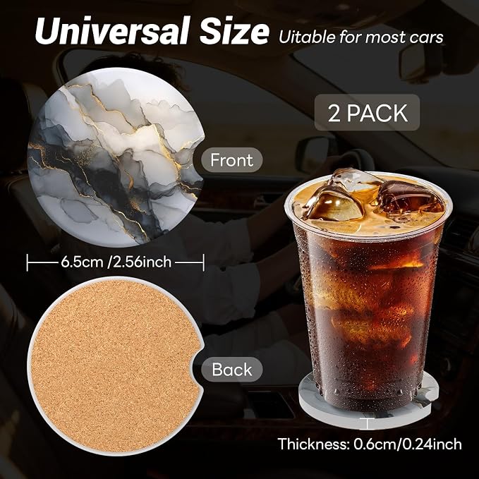 2 Pack Ceramic Car Coasters for Cup Holder, 2.56 in Anti Slip Absorbent Coaster with Cork Base and Finger Notch, Funny Cute Car Accessories for Women, Black Stone