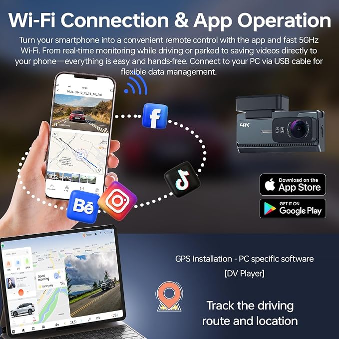 4K+2K Dash Cam Front and Rear, 5G WiFi GPS, 32GB Card, 3.39" Screen | True 4K丨Dual Cameras丨Instant Sharing丨GPS Tracking丨Quick Installation丨Critical Moments丨24/7 Protection