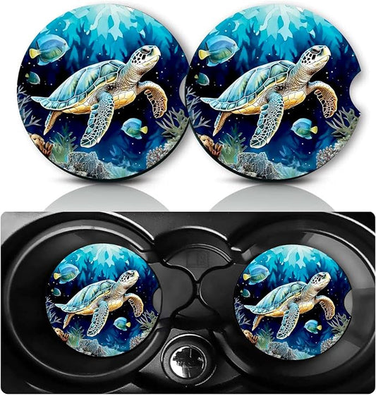 2Pcs Sea Turtle Cars Coasters,2.75" Neoprene Rubber Cup Holder Coasters | Universal Non‑Slip Mat, Drink Coaster Decor Auto Accessories Turtles Gifts for Women,Men,Mom,Dad