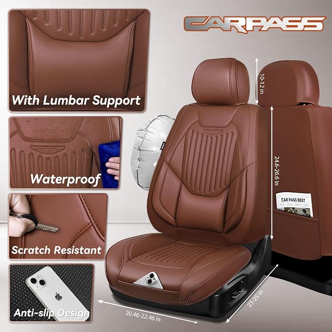 CAR PASS Luxury Nappa Leather Car Seat Covers Full Set, Lumbar Support Seat Covers for Car 5 Seats, Waterproof Car Seat Protector, Automotive Seat Covers Universal Fit for Most Sedans SUV Trucks Brown