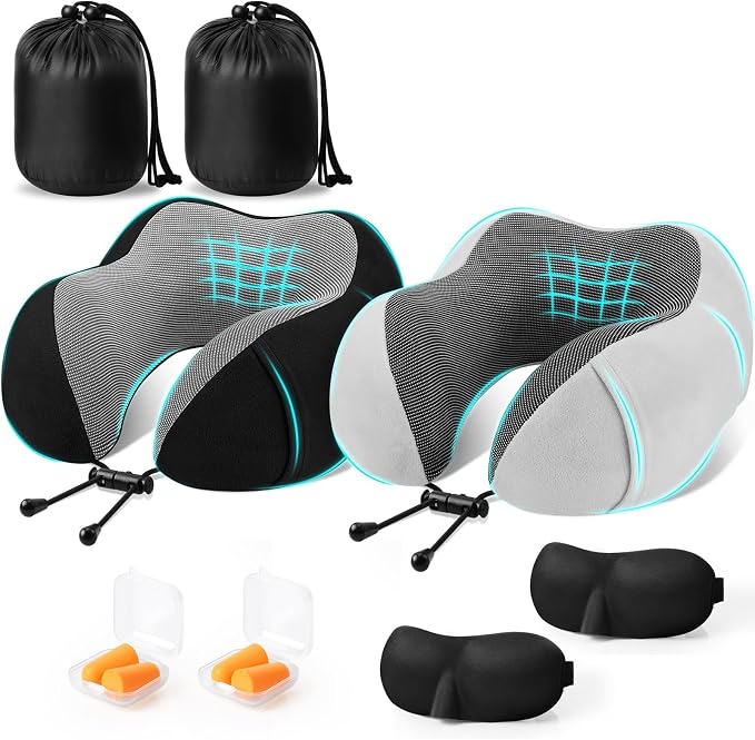 CloudBliss Travel Pillows for Airplane, Memory Foam Neck Pillows for Travel, Compact Neck Pillow for Long Flight, Car & Office, Plane Accessories with Eye Mask, Earplugs, Carry Bag, Black & Light Grey