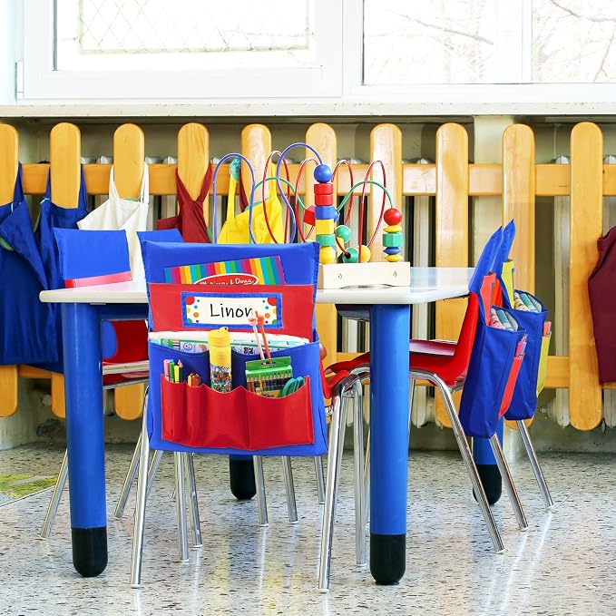 Chair Pockets for Classrooms, 15.7" × 18.9" – 6 Pockets Chairback Storage Organizer with Name Tag Window, Student Desk & Seat-Back Management for Books, Folders & School Supplies, Red+Blue