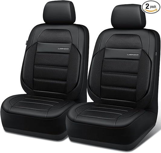 CAR PASS Memory Foam Seat Covers Front, Airy Cool Mesh Thick Car Seat Covers, Leather Car Seat Covers Front Seats Airbag Compatible, Universal Automotive Comfort for Most Cars, Trucks, SUV, Black