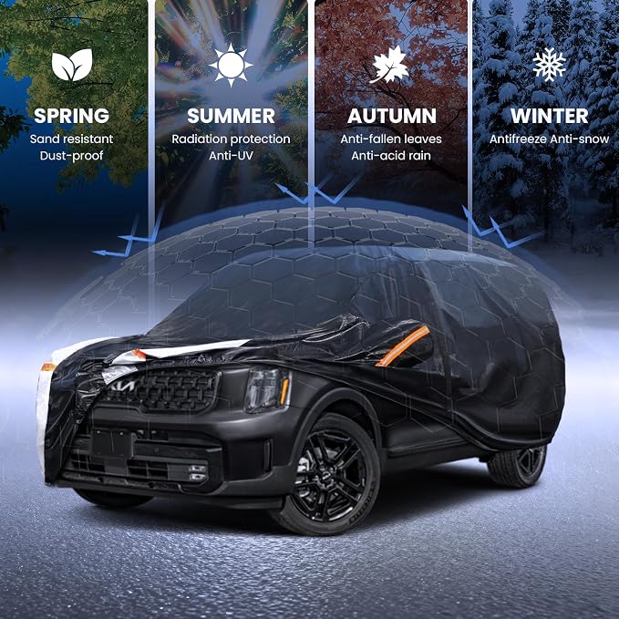 Multi-Layer Car Cover Custom Fit for Kia Telluride(2016-2026), 100% Waterproof All Weather for Automobiles, Gift with Towel, Heavy Duty Car Covers for Rain Sun UV Protection with Door Zipper