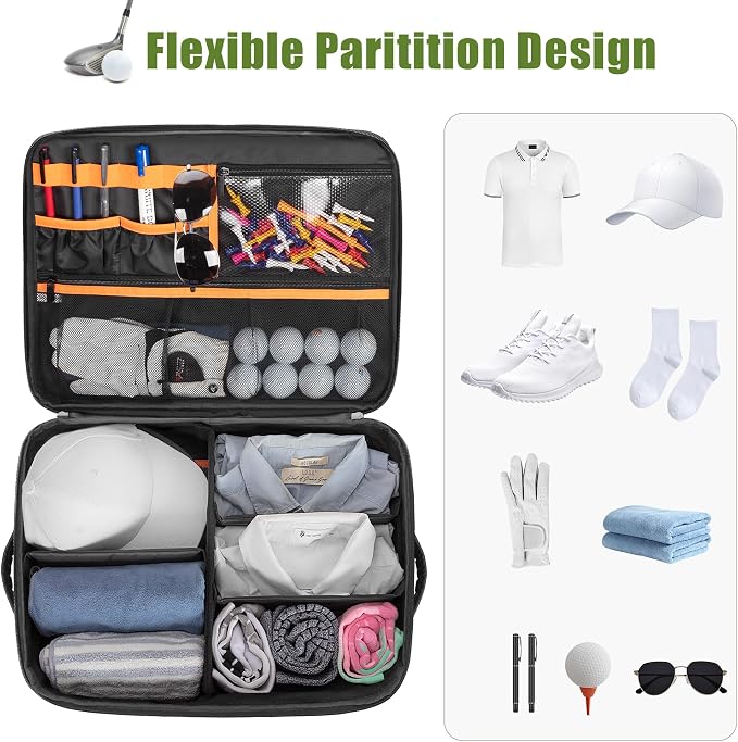 PGmoon 2 Layer Golf Trunk Organizer, Golf Car Storage Organizer,Black | Individual Ventilated Compartment for 2 Pairs Shoes, Golf Car Locker for Balls, Clothes, Tees, Gloves, Accessories (Black)