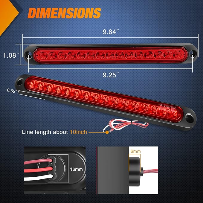 Nilight Trailer Light Bar 2PCS 10" 15 LED Red Park Stop Turn Tail Lights | IP67 Waterproof Marker ID Clearance Strip For Truck Golf Cart Pickups Boats
