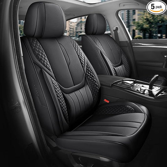 Universal Car Seat Covers for SUVs Sedans Trucks Black | universal fit, faux leather, waterproof, breathable, stain/scratch resistant, airbag compatible, anti-slip, easy install
