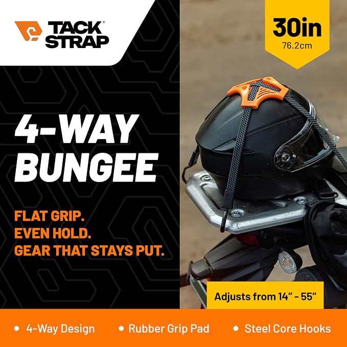 Tack Strap – 4-Way Flat Bungee Cord with Rubber Pad Grip, Non-Slip Tie Down Straps for Motorcycle, ATV, Kayak, Cycling, Camping, Truck Storage, Adjustable Bungee Cords - 2 Pack (Orange)