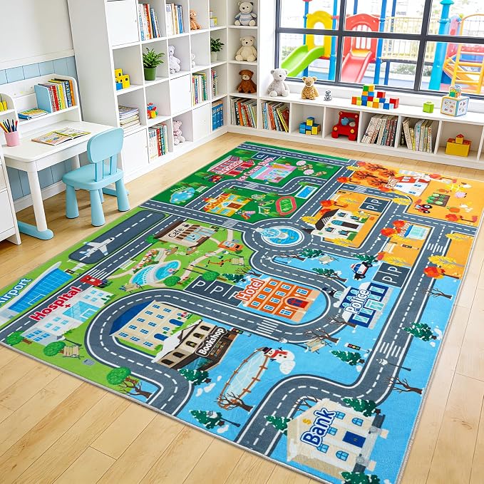 Car Rug Play Mat for Kids Toy Cars, 7' x 9' City Road Town Track Four Seasons Traffic Carpet, Non-Slip Washable Area Rug for Kids Room Bedroom Classroom Play Area, Fun Learning Carpet for Children