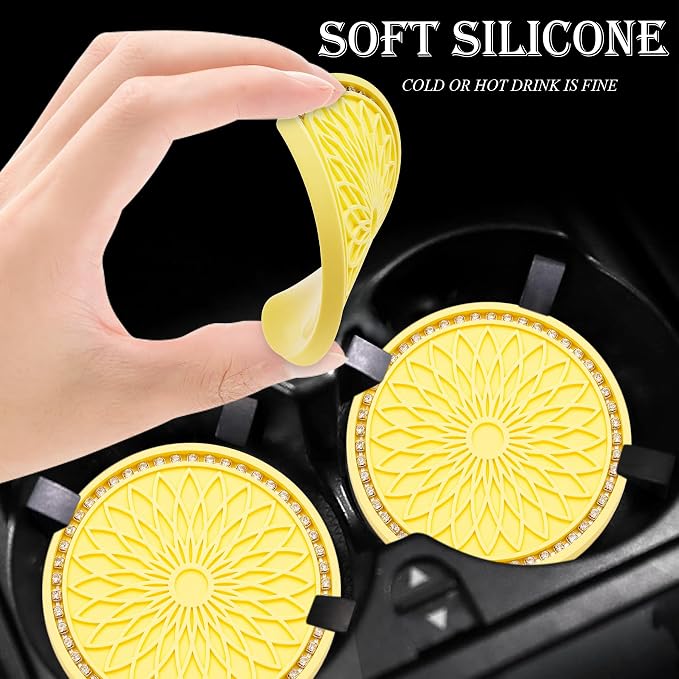 2PCS Bling Car Cup Holder Coasters, 2.75 Inch Silicone Anti-Slip Insert, Bling Shockproof Cup Mat for Women Girls, Universal Fit for Most Vehicles (Yellow & White)