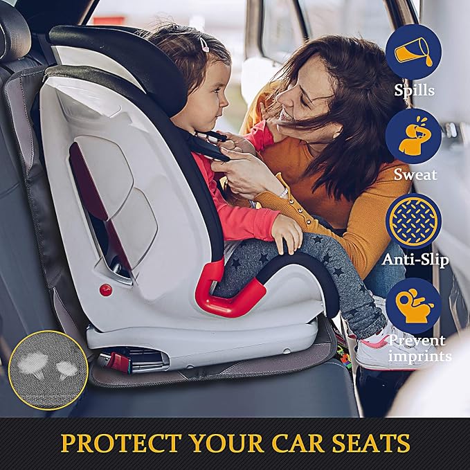 Car Seat Protector, Ponjson Auto Car Leather Seats Waterproof Thick Padding&Non-Slip Seat Cover Pad for Child Baby Safety Seat with Organizer Pockets-2 Pack Carseats for Most Cars