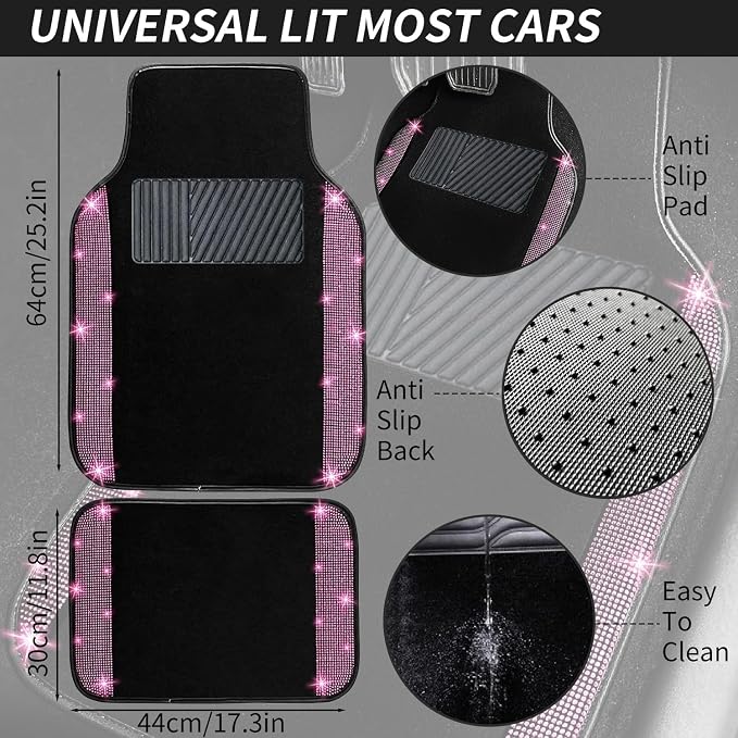 NBTEPEM 12 Pcs Bling Car Accessories Set for Women Car Floor Mats Full Set Steering Wheel Cover Seat Belt Covers Coasters Universal Fit Car SUV Truck Van Pink