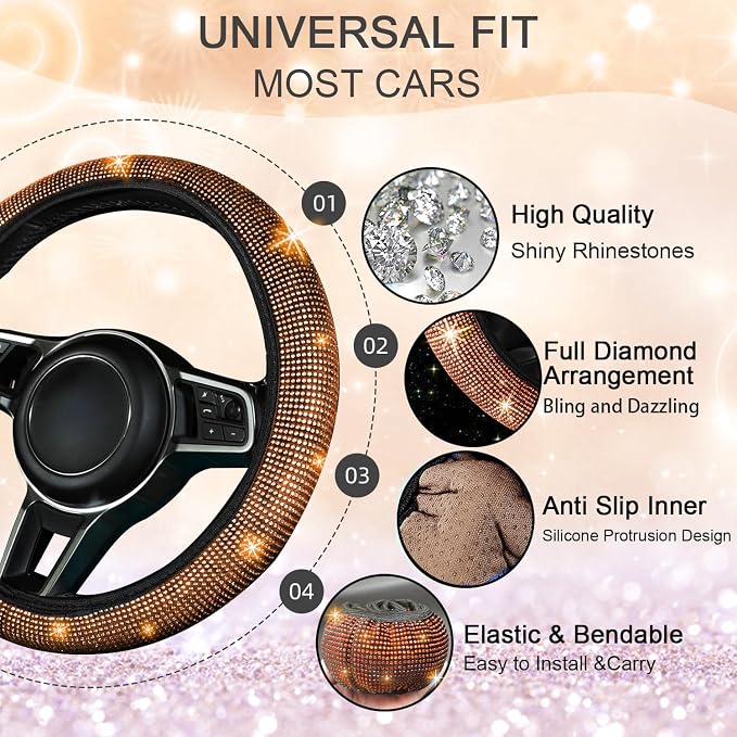 NBTEPEM Bling Car Floor Mats Full Set and Steering Wheel Cover, Universal Fit Most Cars, 4 pcs Sparkle Glitter Diamond Carpet, 5 pcs Bling Car Accessories Set for Women (Orange Diamond)