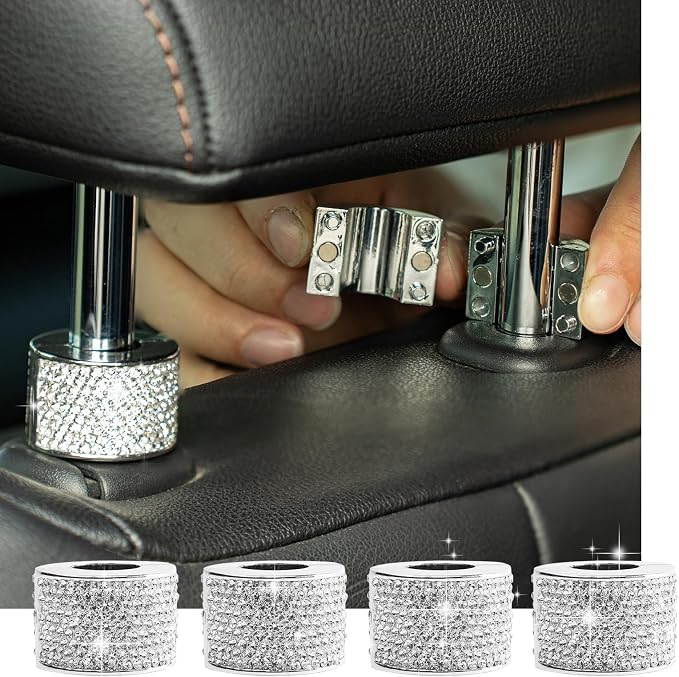 Rislobx 4PCS Magnetic Car Headrest Collars, Rhinestone Car Head Rest Collars Rings Decor, Bling Car Accessories for Women, Interior Decor Car SUV Truck (White)