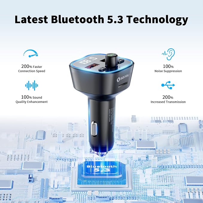 Bluetooth 5.3 FM Transmitter Car Adapter, Wireless Radio Adapter, Wireless FM Radio Transmitter, Hands-Free Calling and 2 USB Ports Fast Charging, HiFi Treble & Bass Player (Black)