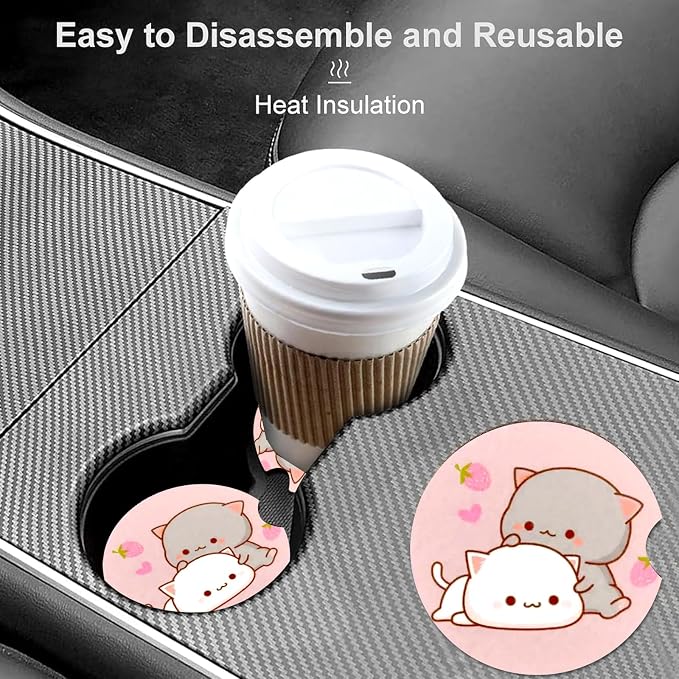 2 Pack Two Cat Car Cup Holder Coasters Universal Neoprene Coasters | 2.75" Universal Size Anti Slip Rubber Mat, Auto Cup Holder Accessories for SUV Truck, Gifts for Cat Lovers Women,Men,Mom