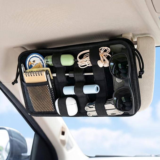 TICARVE Car Sun Visor Organizer, 1000D Nylon MOLLE Pouch with Zipper Black | Heavy-duty 1000D Nylon Car Sun Visor Organizer, With Zipper Pockets, Elastic Straps and Glasses Clip, for Car SUV Truck