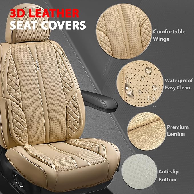 CAR PASS Nappa Leather Car Seat Covers Full Set Waterproof Protector Durable Cushioned,Universal Fit for Sedan SUV Pick-up Truck,Automotive, Anti-Slip and Backseat Luxury Premium (Light Beige)